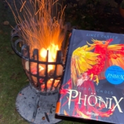 Das Buch, der Fluch des Phoenix neben einem Feuerkorb