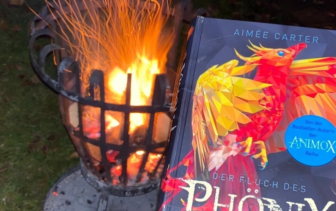 Das Buch, der Fluch des Phoenix neben einem Feuerkorb