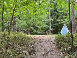 Zelt und Wippen auf einem Waldspielplatz